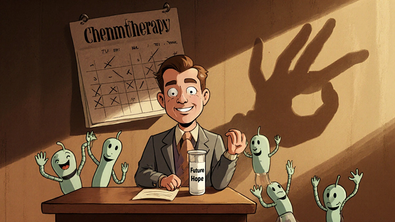 A man donates sperm in a vintage-style bank as cartoon sperm wave goodbye, with chemotherapy casting a looming shadow.
