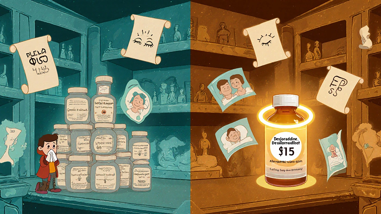 A pharmacy shelf comparing cheap loratadine and premium desloratadine in classic 1930s cartoon style.