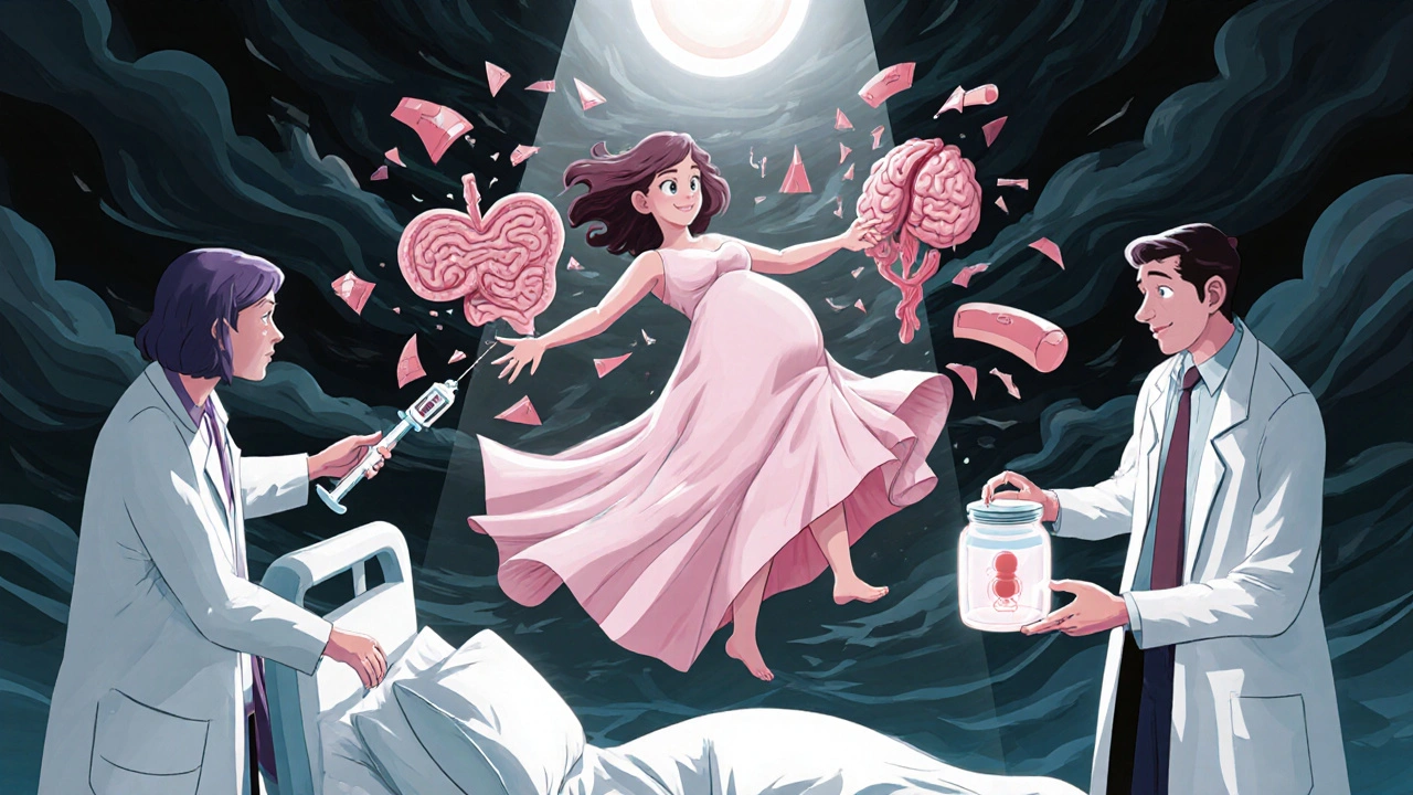 A pregnant woman floats above a hospital bed as abstract organs crack, with doctors reaching toward her from opposite sides.