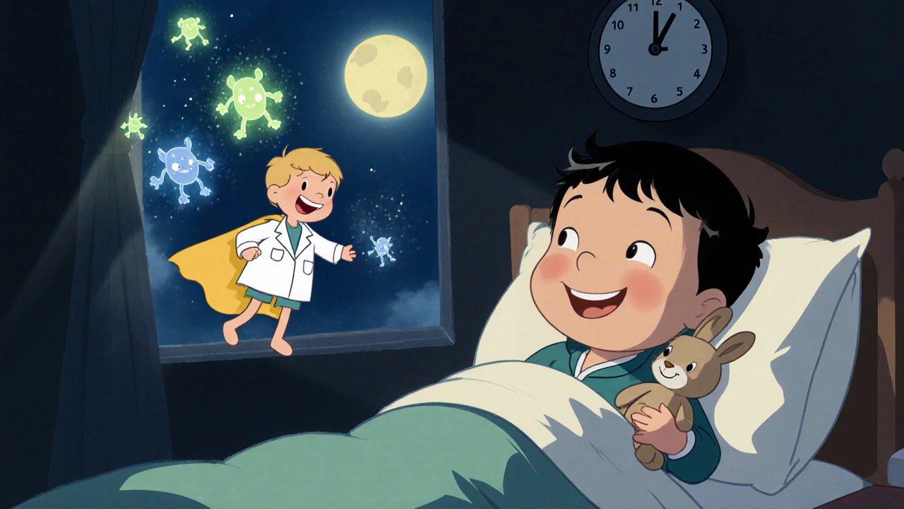 A toddler sleeps peacefully as a tiny desloratadine hero vanishes allergy demons in Fleischer Studios style.