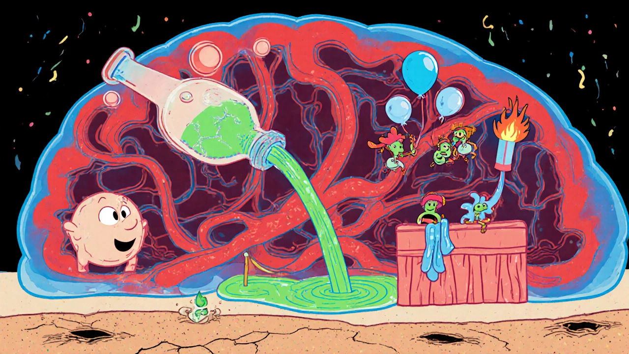 Animated brain showing vessels dilating, serotonin balloons, histamine firecrackers, and dehydration desert.