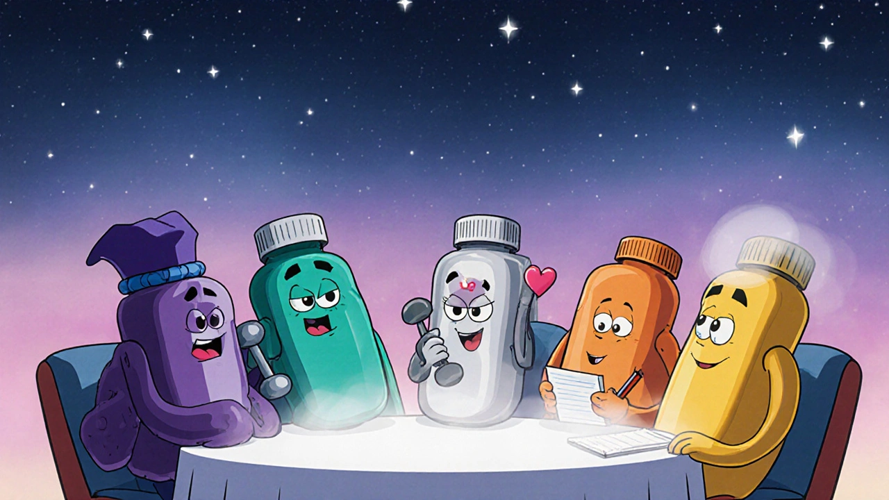 Animated pill bottles representing different sleep meds gather around a starry table.