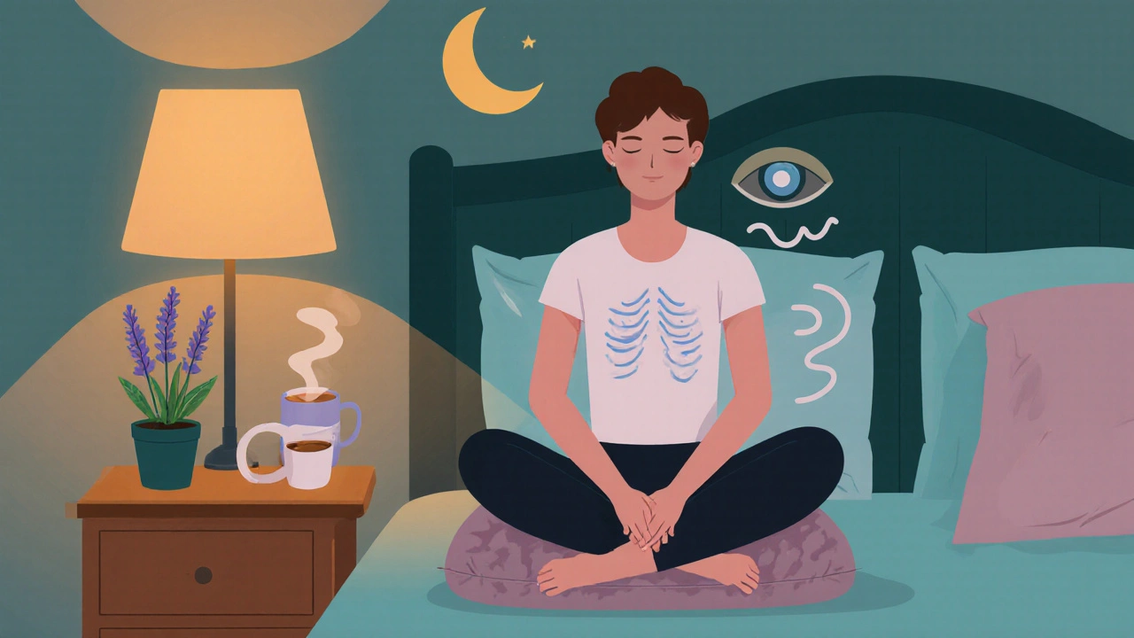 Calm bedtime scene with person practicing breathing, dim lights, herbal tea and soothing waves.
