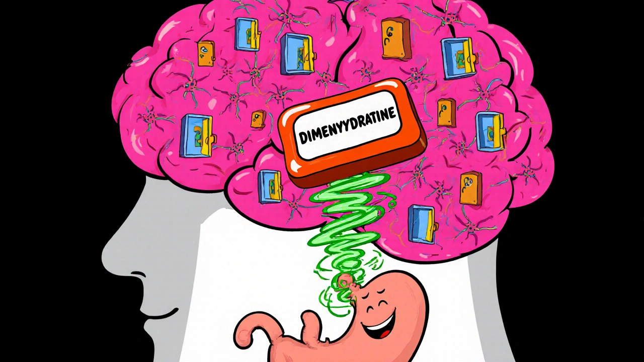 Cartoon brain with histamine receptors blocked by a dimenhydrinate tablet, calming a stomach.