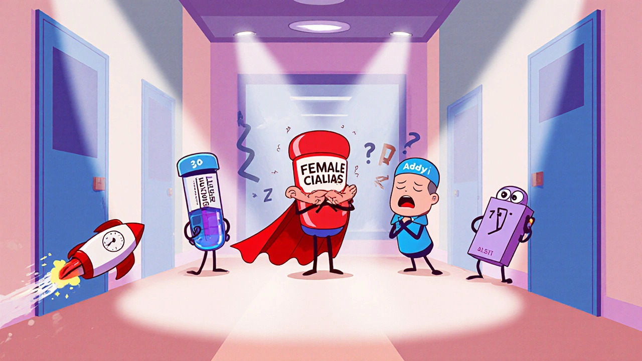 Cartoon characters representing Female Cialis, Addyi, Vyleesi, Stendra, and Sildenafil in a playful lineup.