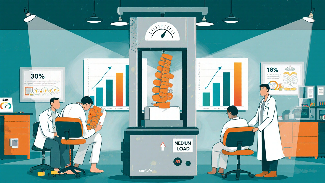 Cartoon lab scene with researchers testing chairs of different stiffness levels.