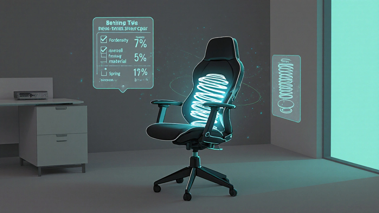 Cartoon of a futuristic smart chair adjusting stiffness with floating checklist icons.