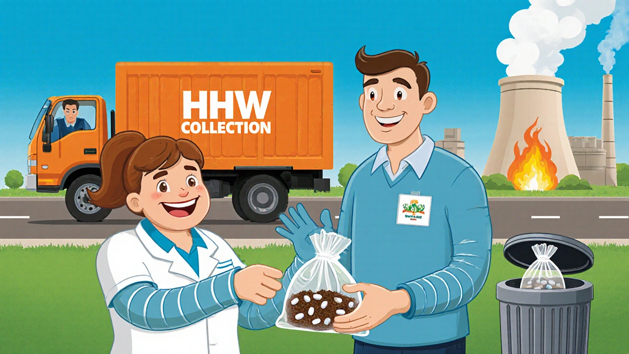 Cartoon of a pharmacist giving a sealed bag of pills to a happy person near a HHW truck and incinerator.