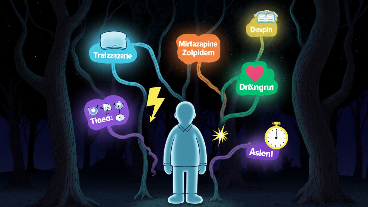 Cartoon patient at a branching glowing vine decision tree choosing sleep aids.