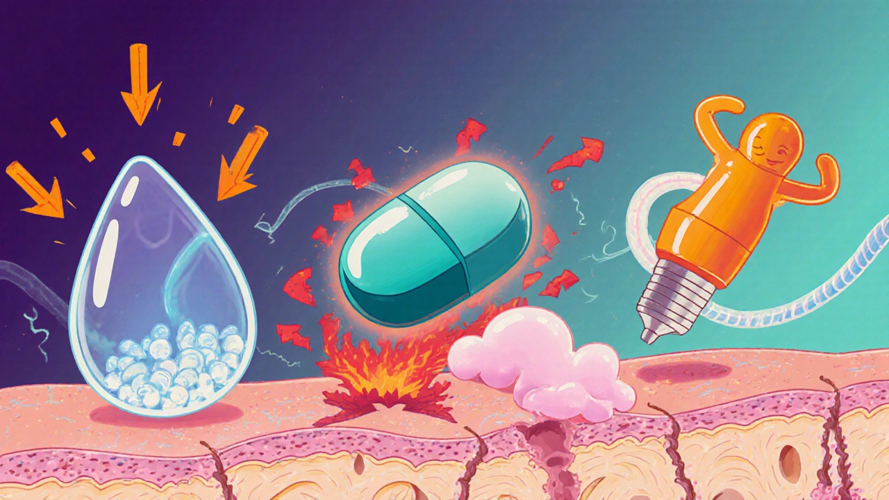 Cartoon skin cells under UV light being assisted by three animated agents.