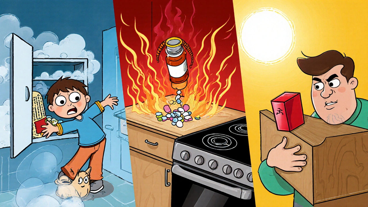 Cartoon split scene showing acetaminophen stored in a humid bathroom, hot kitchen drawer, and sunny bedroom with exaggerated mishaps.