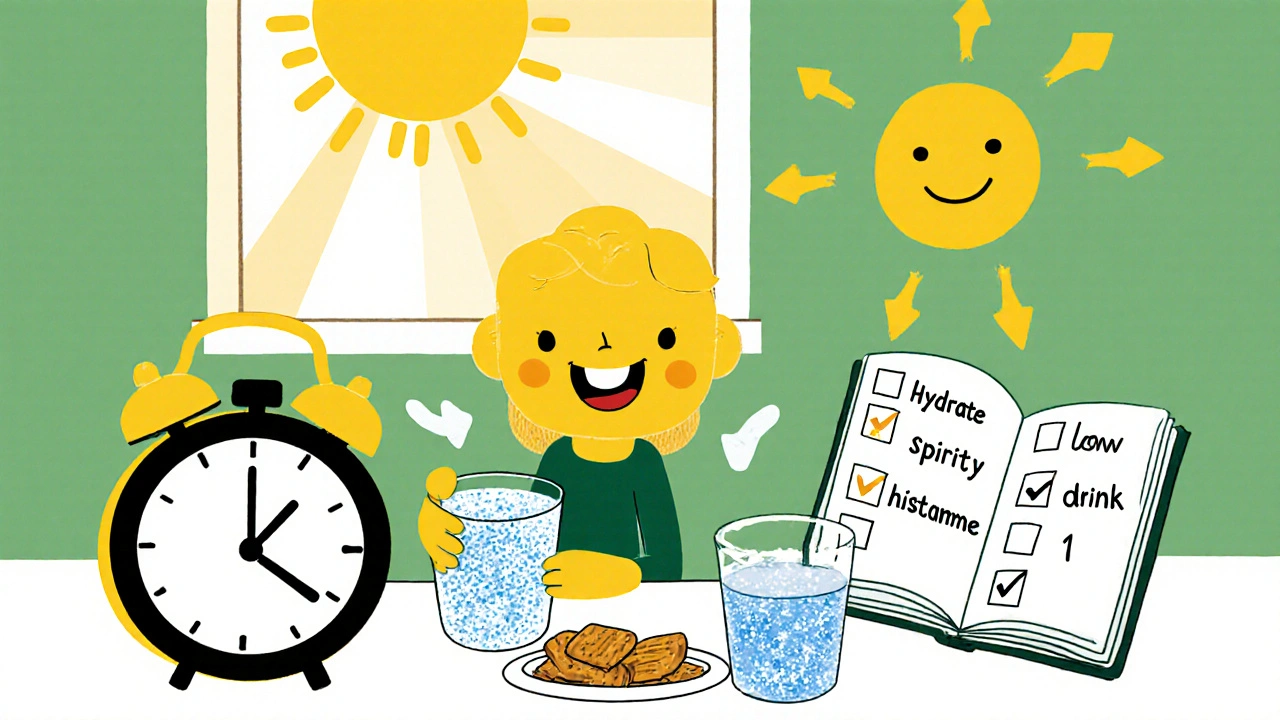 Cheerful kitchen scene with water, clear spirit, snacks, and a migraine diary checklist.
