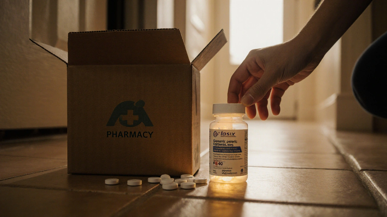 Close‑up of delivered Lasix box, bottle, and hand inspecting a tablet.