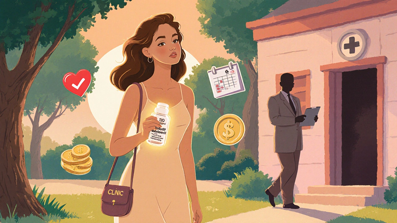 Confident woman walking in a park with a glowing Tadalafil bottle, heart and coin icons floating nearby.