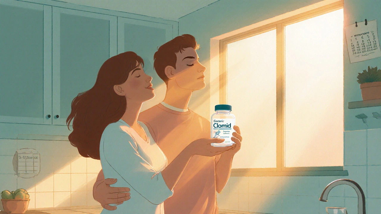 Couple holding a generic clomid bottle in warm sunlight, conveying hope and optimism.