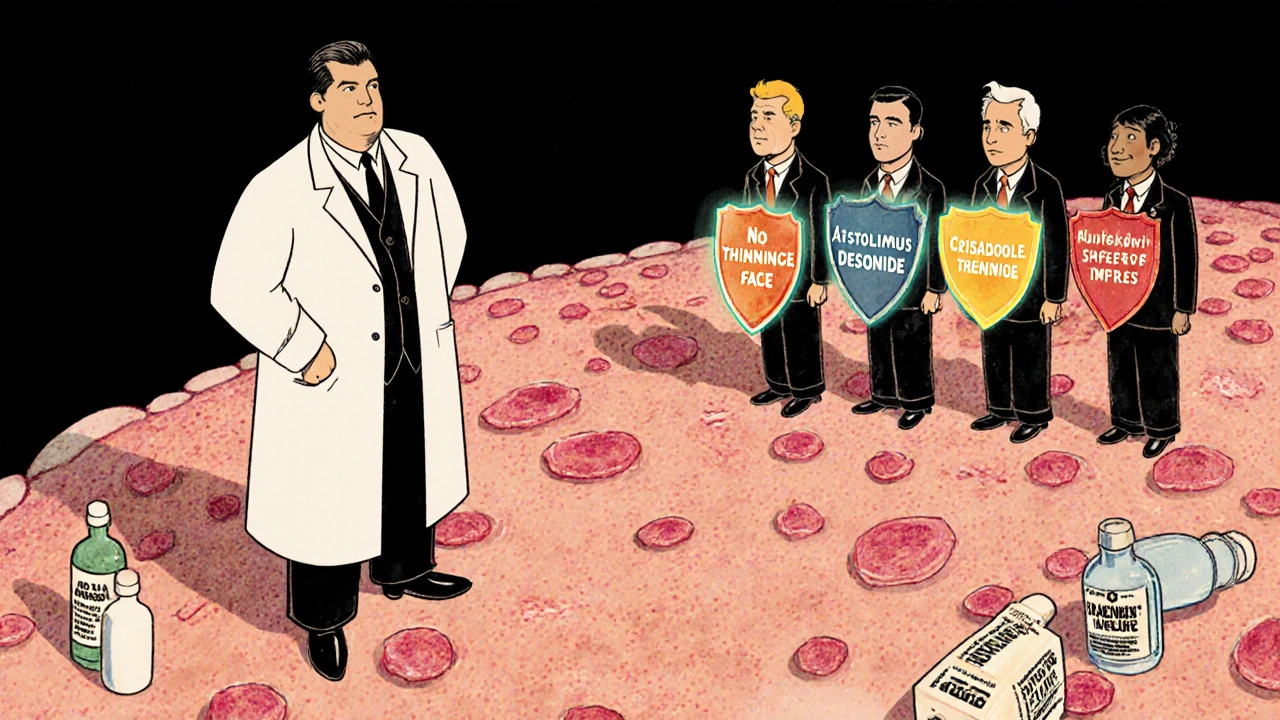 Courtroom inside skin cell with steroid judge and non-steroid lawyers defending safe treatments.