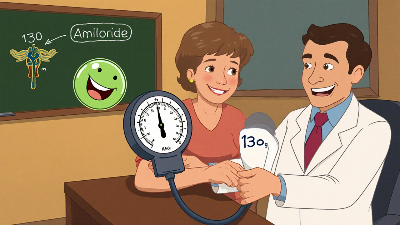 Doctor showing a dropping blood pressure reading with a happy potassium ion mascot beside a patient.