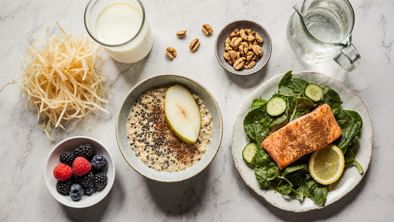 Flat lay of kefir, oats, salmon, walnuts, berries, sauerkraut, and cucumber water.