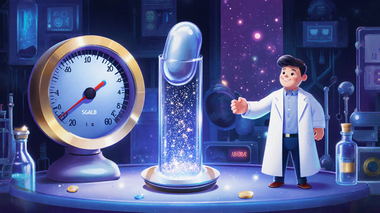 Futuristic lab showing an extended‑release amiloride tablet releasing particles that lower blood pressure.
