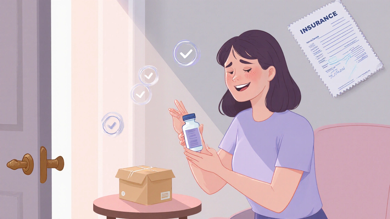 Happy woman receiving a discreet parcel of Premarin tablets at home.