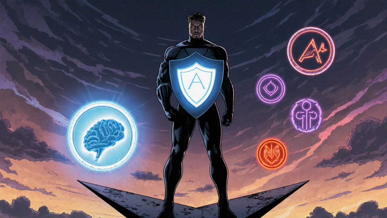 Hero at a crossroads holding a green shield, choosing between blue Piracetam and vivid alternatives.