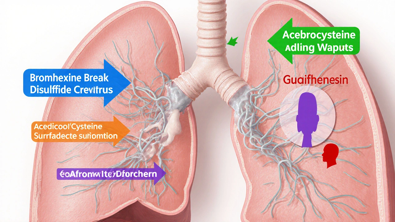 Illustrated airway showing how different mucolytics thin mucus.