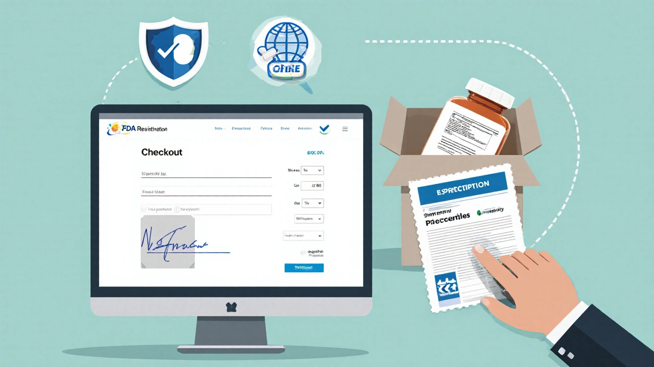 Illustration of laptop checkout, prescription scan, and discreet shipping box for ordering generic clomid online.