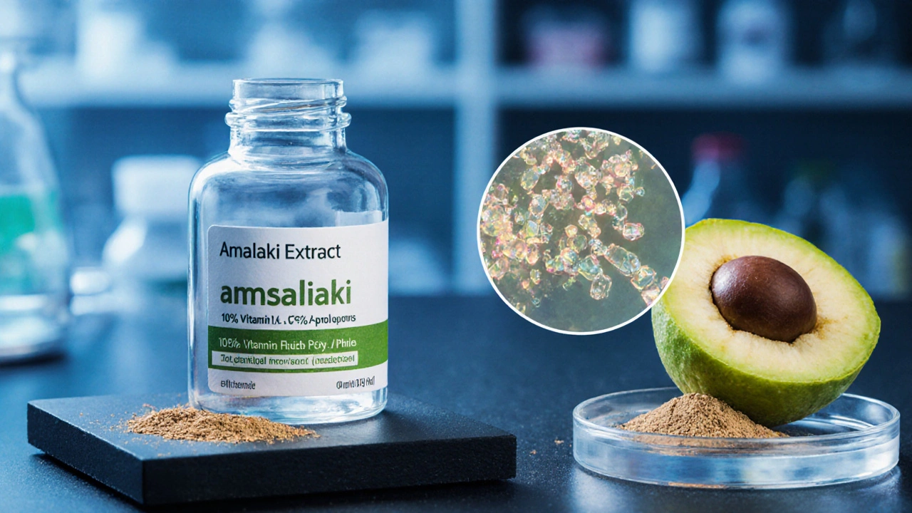 Lab vial of Amalaki extract beside powder, sliced fruit, and highlighted vitamin C and polyphenol structures.