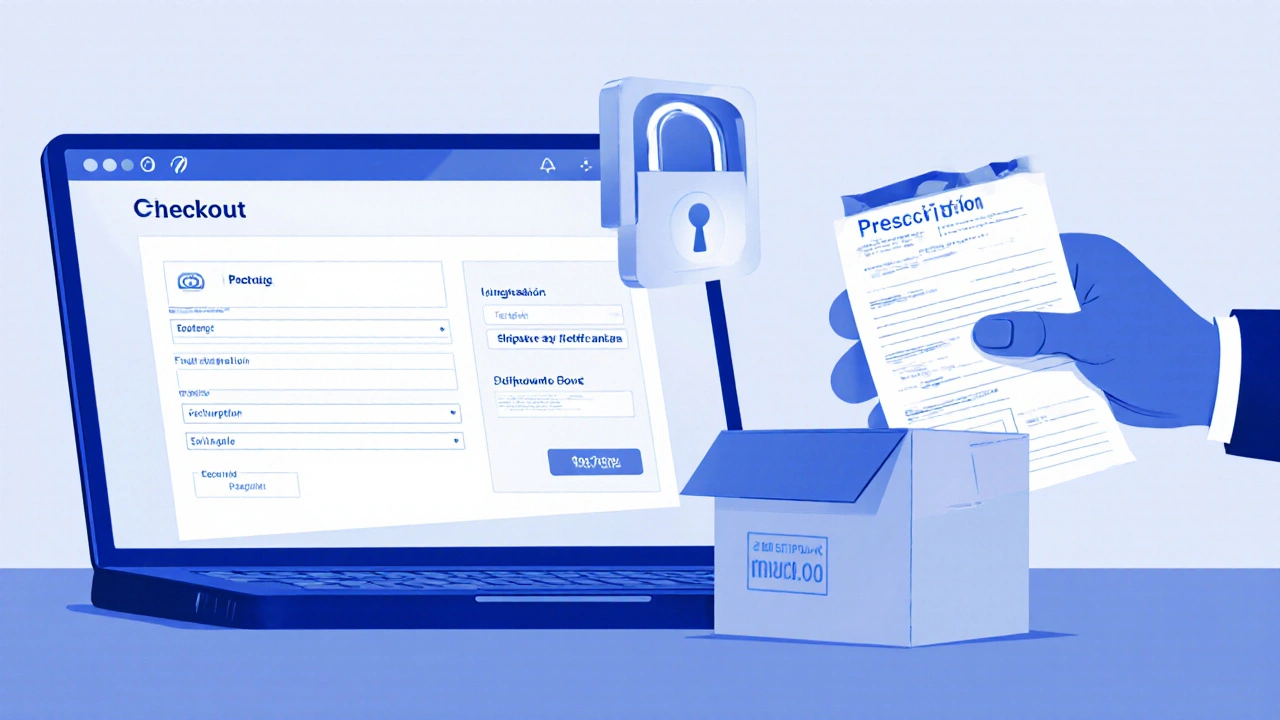 Laptop screen showing secure checkout, hand uploading prescription, plain box ready to ship.