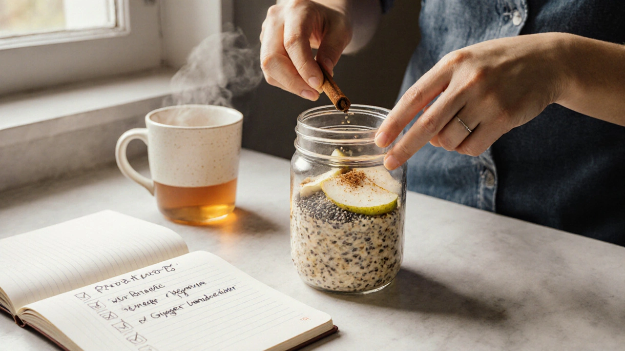 Morning kitchen scene with someone preparing overnight oats, ginger tea, and a checklist notebook.