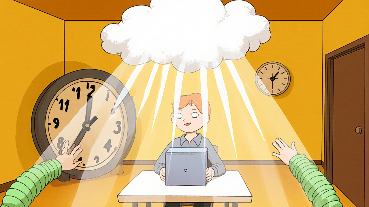 Morning light therapy box shining on a person, pushing away melatonin clouds.