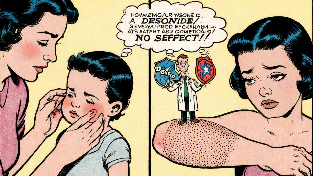 Mother using hydrocortisone on child's cheek while adult struggles with eczema on elbow.