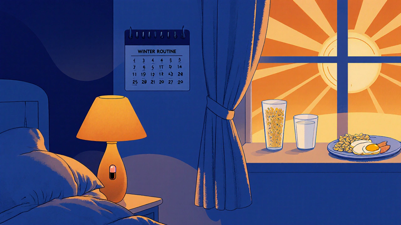 Nighttime bedroom routine with melatonin pill, dark curtains, and breakfast scene.