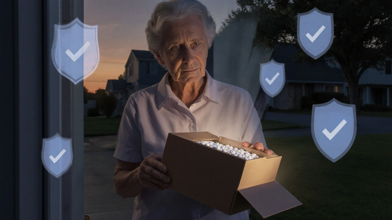 Older woman opening a discreet package at her doorstep, feeling relieved and safe.