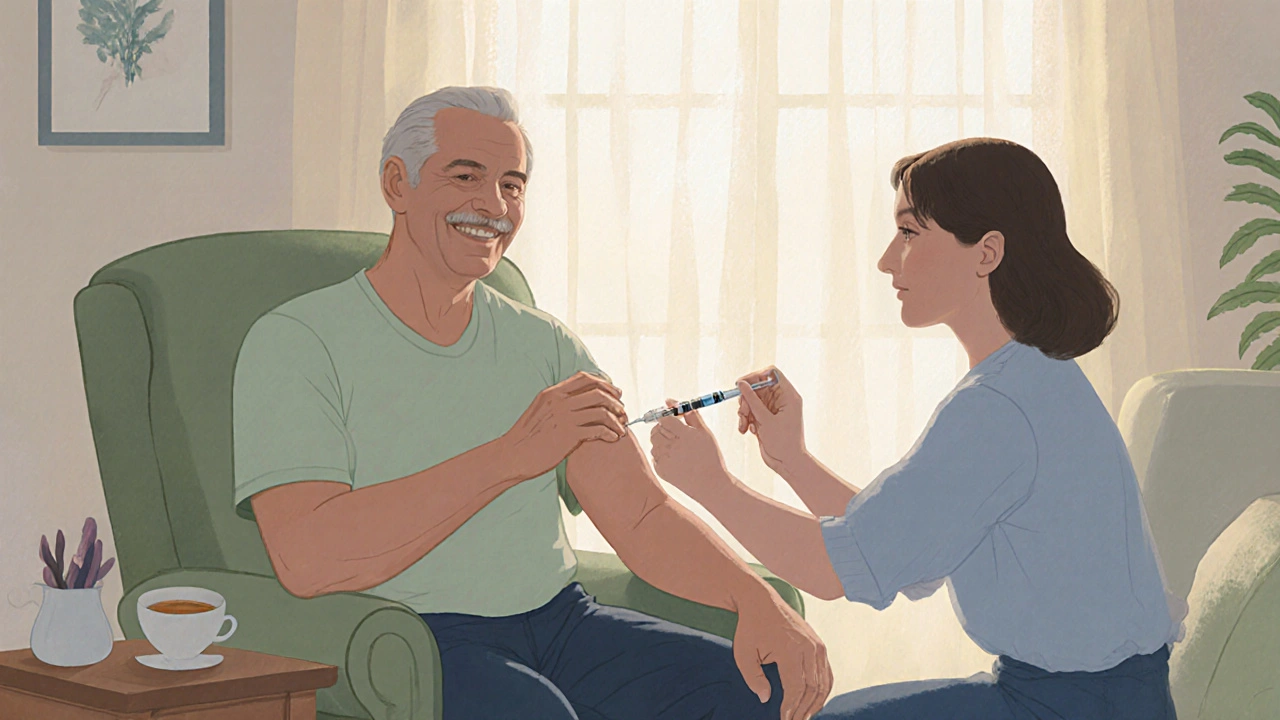 Patient receiving immunoglobulin injection at home, surrounded by supportive family.