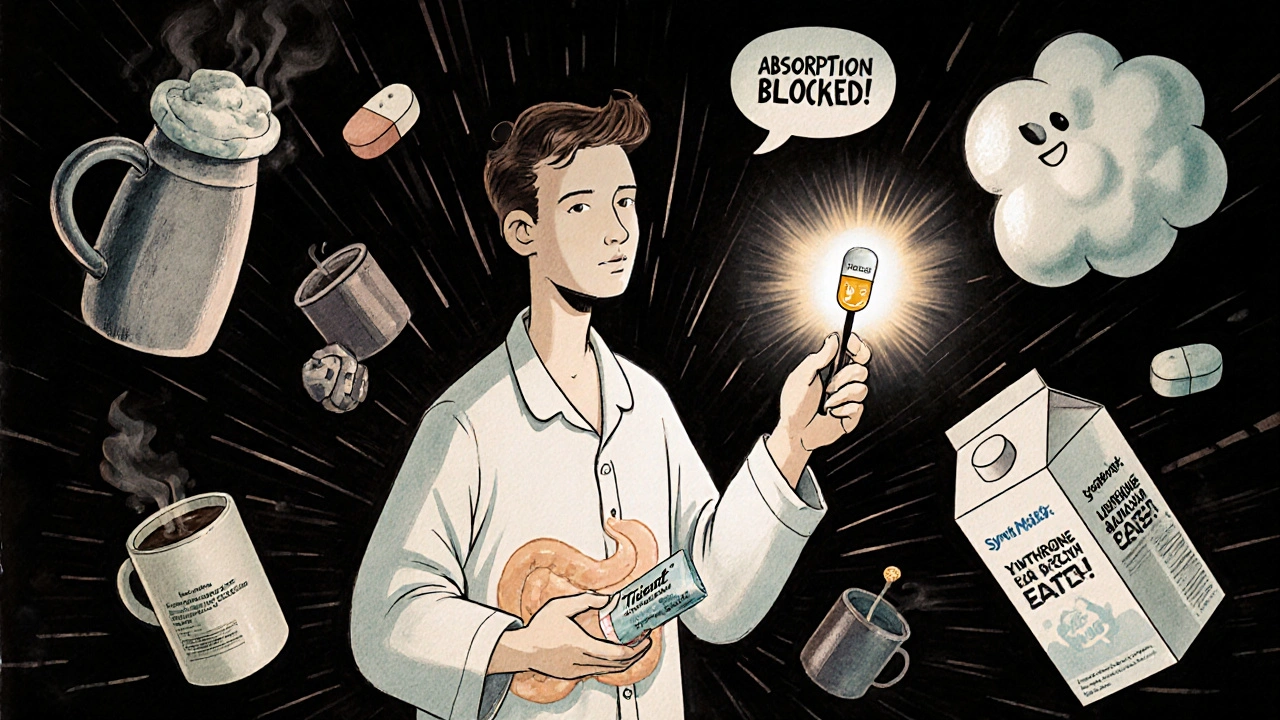 Patient taking Tirosint capsule as liquid flows in, with blocked food and supplements floating away