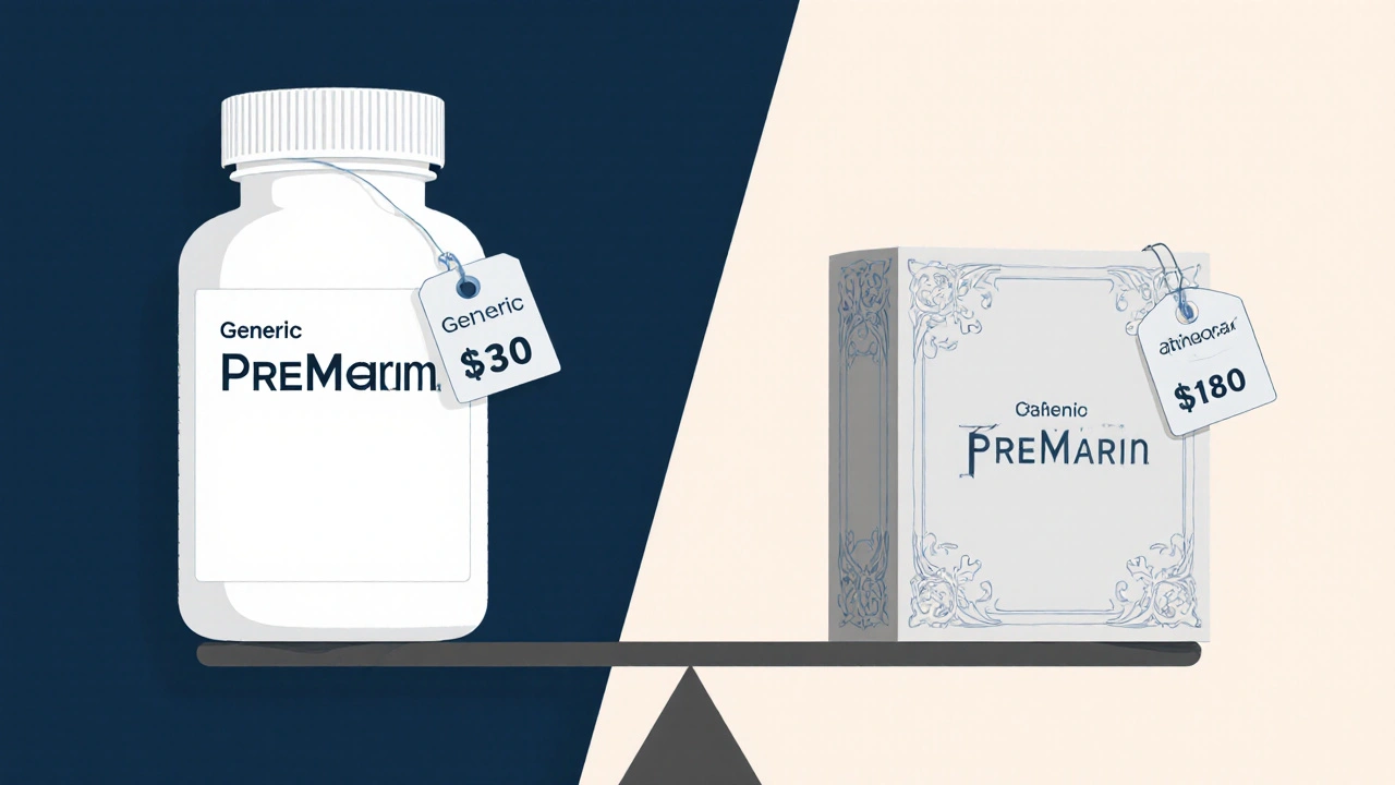 Side‑by‑side view of generic and brand Premarin bottles with price tags on a scale.