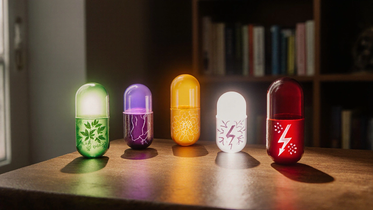 Six glowing capsules on a wooden board, each representing Amalaki, turmeric, ashwagandha, ginseng, vitamin C, and elderberry.