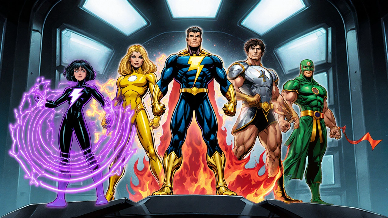 Six racetam superheroes pose on a futuristic platform, each with distinct colors and powers.