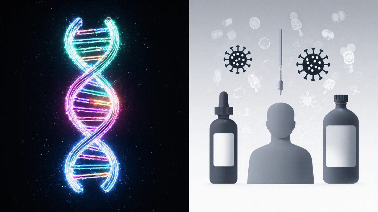 Split illustration showing genetic mutation on left and drug‑induced immune suppression on right.