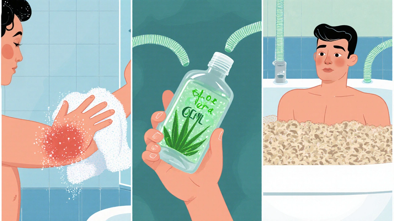 Three home remedies: cold compress, aloe gel, and oatmeal bath in a bathroom.