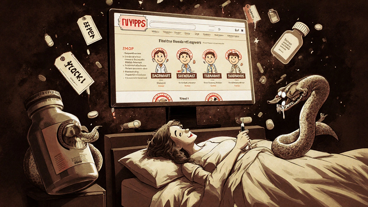 A deceptive website lures a woman with fake seals while poison pills creep toward her bed, transforming into a snake.