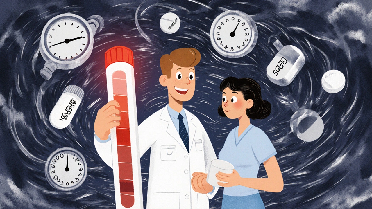 A doctor holding a glowing urine test strip while medical icons swirl around in comic style.