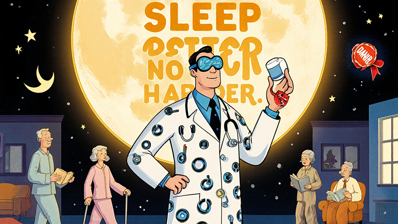 A friendly doctor beside a melatonin moon offering safe sleep options, while seniors enjoy healthy nighttime routines.