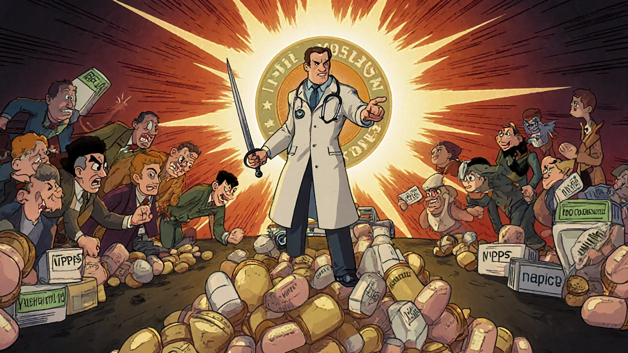 A heroic pharmacist stands atop seized fake drugs, defeating villainous pill-sellers under a glowing VIPPS seal.