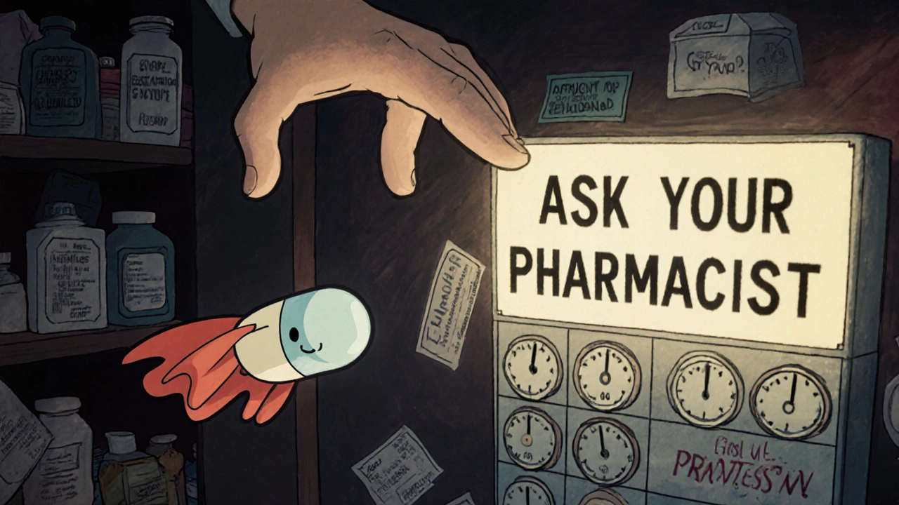 A heroic pill flies through a dangerous medicine cabinet, avoiding hazards toward a glowing safe-label sign.