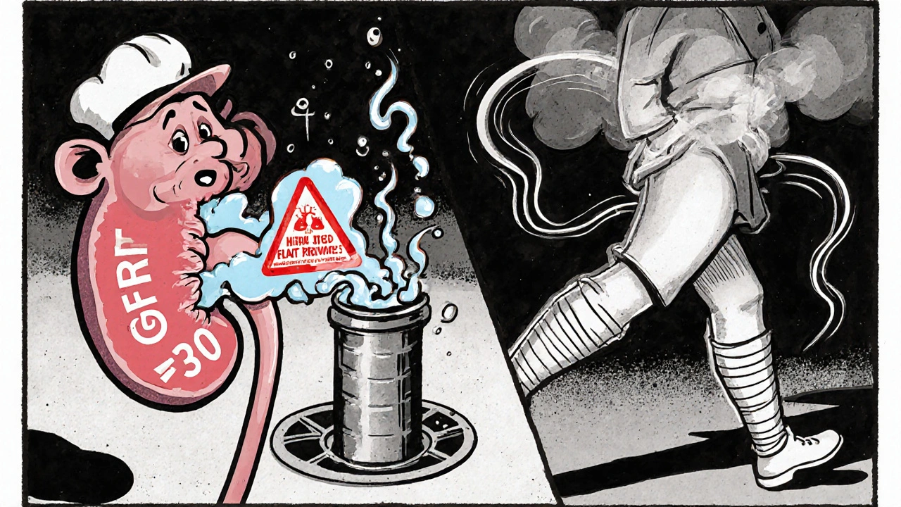 A kidney factory with clogged pipes and a patient wearing compression stockings as fluid flows upward toward the heart in classic 1930s animation style.