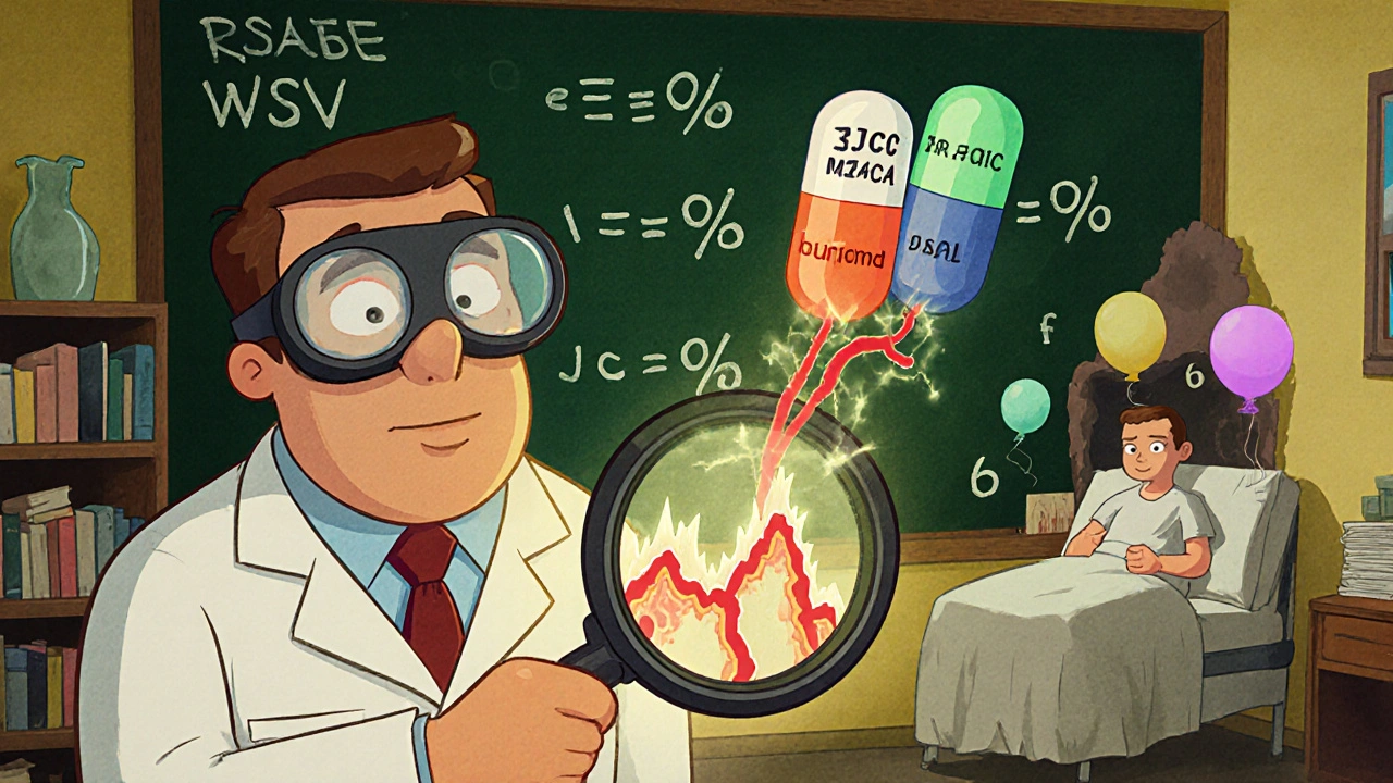 A lab technician examining pills with a magnifying glass as blood vessels show uneven drug levels.