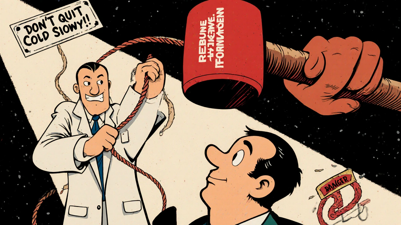 A man about to drop a &#039;Rebound Hypertension&#039; hammer, rescued by a doctor with a &#039;Taper Off Slowly&#039; rope.