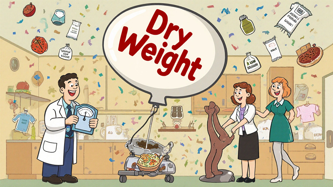 A medical team helping a patient deflate edema with low-sodium foods and leg elevation in nostalgic cartoon style.
